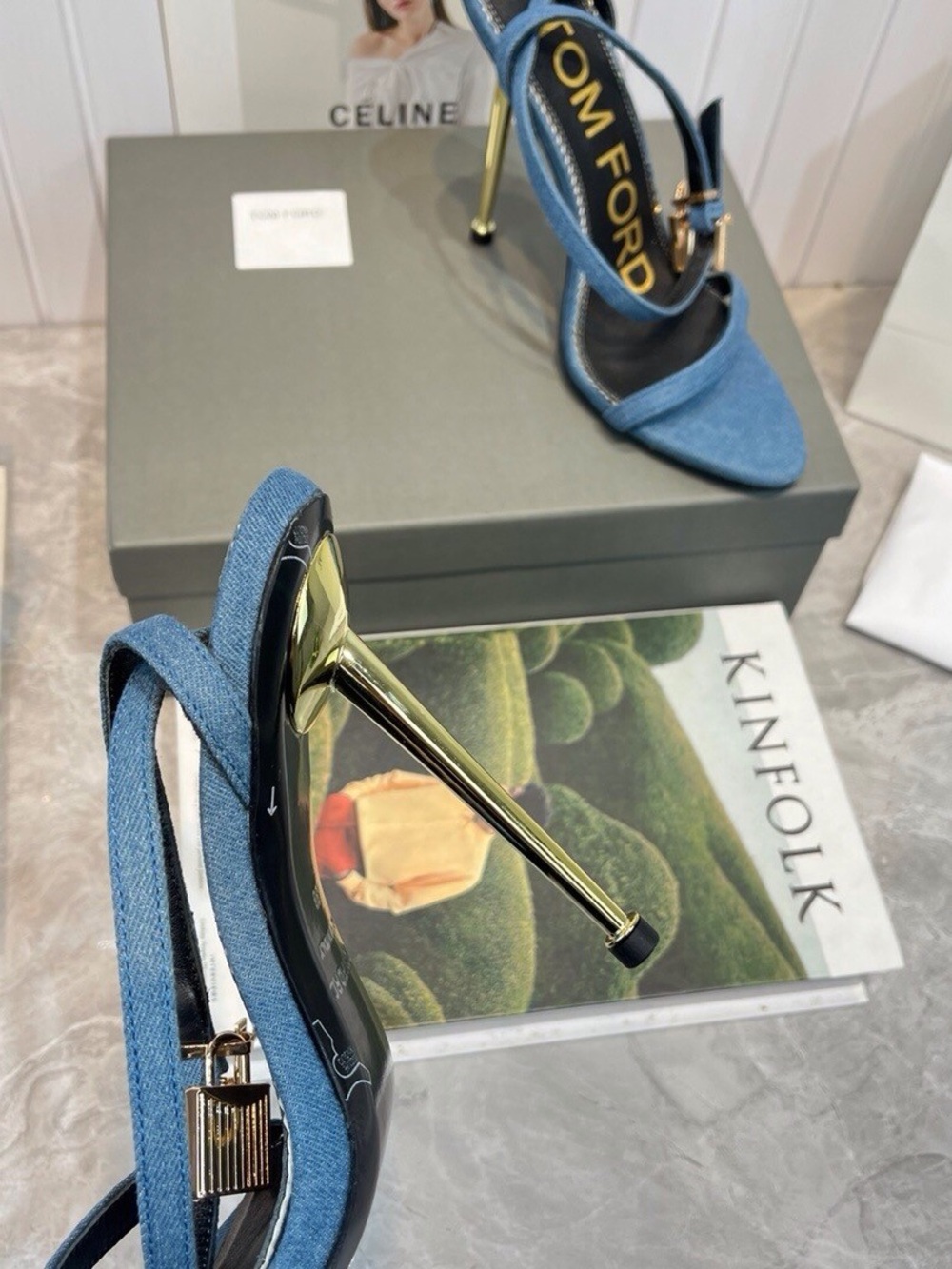 Tom Ford Blue Denim Cross-Strap Slingback Heels - Picture 3 of 5